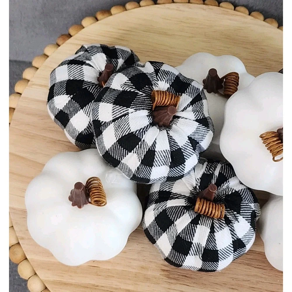 Black & White Buffalo Check Foam Pumpkins Fall Thanksgiving Table Decor 8 Pc NEW